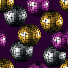 Vector seamless pattern with gold, silver and pink retro disco balls on dark purple background