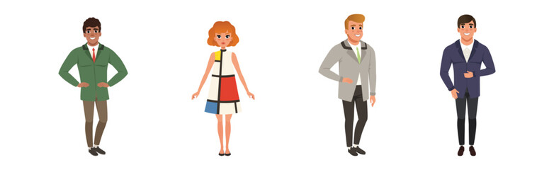 People Wearing Vintage Clothing and Retro Fashion Apparel Vector Set