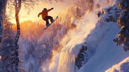 A daring snowboarder gliding over a frozen ravine, with thick snow cascading down steep cliffs...