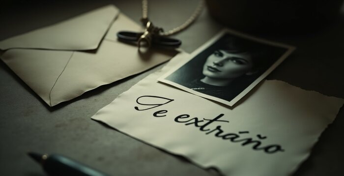 Una fotograf&iacute;a en blanco y negro, una nota manuscrita con "Missing You" y un sobre vintage crean una escena nost&aacute;lgica. La iluminaci&oacute;n suave y las sombras suman una atm&oacute;sfera sentimental.

