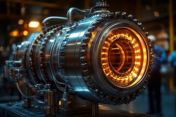 Obraz premium A highly detailed close-up of a hydrogen fuel cell showcasing intricate engineering and glowing internal components.