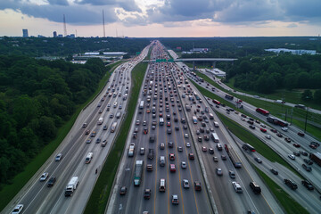 Aerial View of Busy Expressway and Autobahn, Top-Down Perspective of Traffic and Road Infrastructure, Professional Photography


