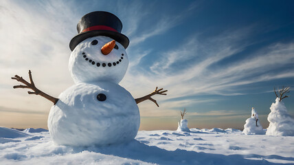 Obraz premium Happy snowman in a top hat on a snowy landscape under a bright winter sky.