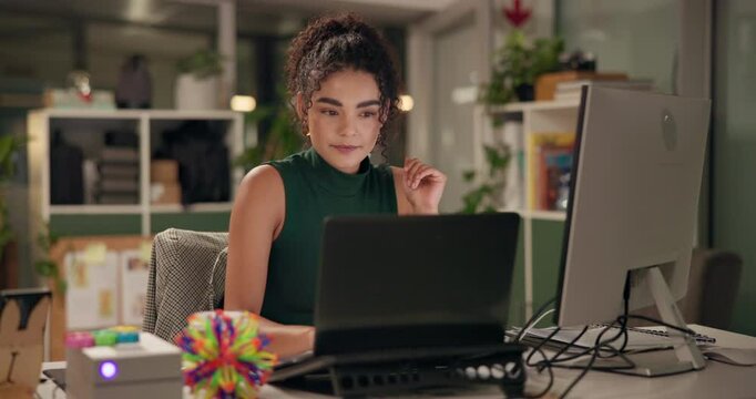 Night, business and woman with computer, internet and deadline with journalist. Person, evening and employee with technology, research for article and feedback for project, ideas and creative agency