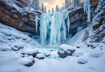 a frozen waterfall in a mountainous region during the winter