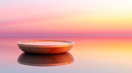 A beautifully crafted wooden bowl sits elegantly on a calm reflective surface, illuminated by soft pastel colors of a sunset, ideal for culinary designs, lifestyle blogs, or home decor projects,