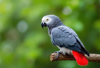 Fototapeta premium A gray parrot with a red tail perched on a branch against a blurred green background