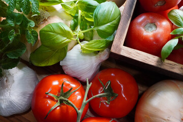 Making fresh and savory appetizer, bruschetta bread with tomatoes, garlic, onions, parmesan cheese, basil and a balsamic glaze. Eating as a healthy snack and Italian favorite, bruschetta.