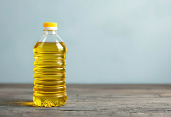 A photo of a plastic bottle filled with sunflower oil