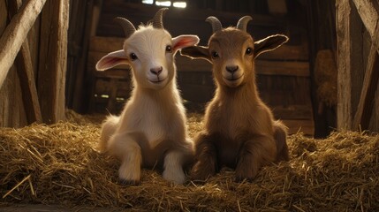 Fototapeta premium Two baby goats sitting side by side in a barnyard, surrounded by hay and rustic wooden beams.