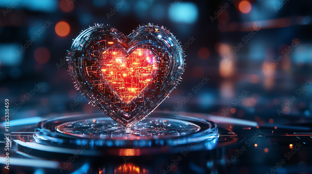 Poster a holographic heart glows with data patterns, representing love through advanced augmented reality t