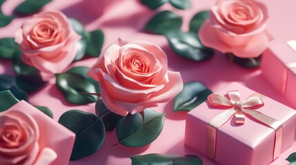 Valentine's Day background with roses and gift boxes on pink
