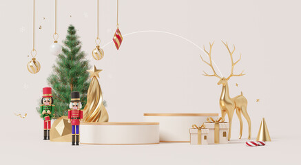 3D render, Merry Christmas and happy new year background with empty podium, golden reindeer, tree, nutcracker, gifts and ornaments festive decoration.