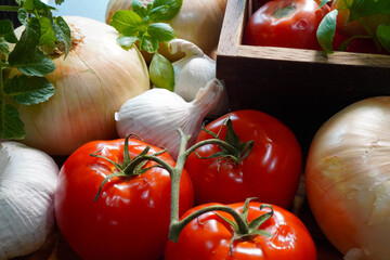 Making fresh and savory appetizer, bruschetta bread with tomatoes, garlic, onions, parmesan cheese, basil and a balsamic glaze. Eating as a healthy snack and Italian favorite, bruschetta.