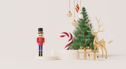 3D render, Merry Christmas and happy new year background with empty podium, nutcracker, candy cane, golden reindeer, and gift boxes near a decorated tree.
