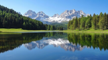 Fototapeta premium A serene lake reflecting majestic mountain under a clear blue sky, surrounded by lush greenery.