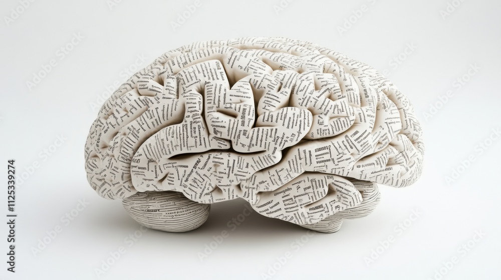 Aufkleber A detailed representation of a brain formed by arranged words and phrases, featuring a clean area perfect for supplementary text. Generative AI