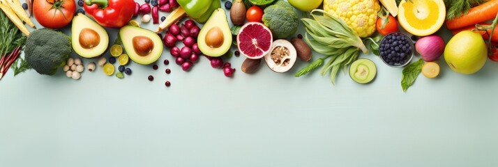 Healthy food concept. Fruits and vegetables on white background. Top view with copy-space.