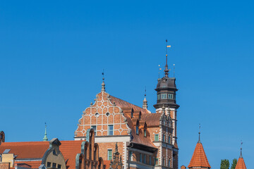 Historic buildings on Dlugie Pobrzeze street in the main town. Gdansk, Poland. Architecture.