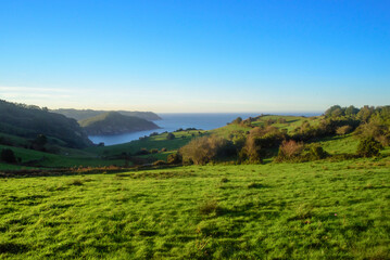 Bah&iacute;a y horizonte marino tras praderas verdes en litoral de Asturias
