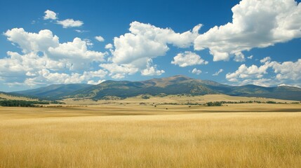 Fototapeta premium A serene landscape showcasing golden fields under a blue sky with fluffy cloud and distant mountain.