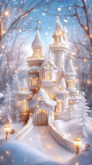 Obraz premium A beautiful princess castle adorned with lights, surrounded by snow-covered trees, creates a festive winter atmosphere