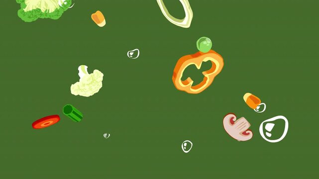 Cartoon vector vegetables falling into water. Vegetarian healthy organic food animation on a transparent alpha channel.  Cooking culinary show opener, place for text or logo.