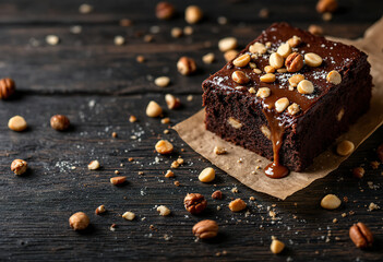 a chocolate cake brownie with melted nuts on a dark wooden background