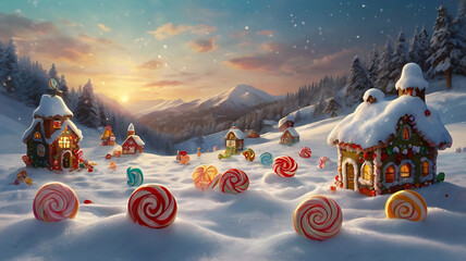 Magical winter scene with gingerbread houses, lollipops, and snow-covered mountains at sunset.