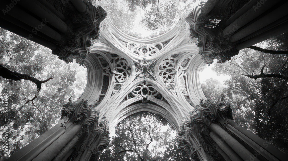 Poster low-angle view of ornate gothic architecture in a forest.