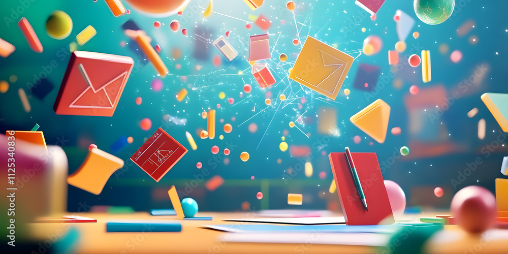 Poster dynamic back to school background with a burst of colorful geometric shapes and symbols representing