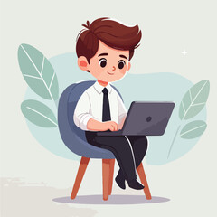 a boy is using his laptop vector