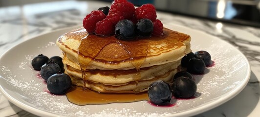 Delicious Stack of Pancakes Topped with Raspberries and Blueberries