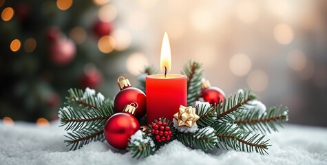 Christmas Candlelight: A red candle glows warmly amidst a snowy scene, surrounded by festive ornaments and pine branches, creating a cozy and enchanting Christmas atmosphere. 