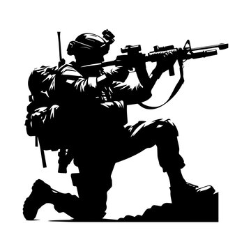 black silhouette soldier aiming rifle clip art preview
