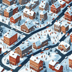 European houses street with falling snow. Vector illustration for greeting card design. Panorama road over the street with lanterns and a garland. Vector illustration of winter city street.