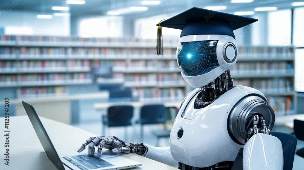 Poster a robot dressed in a graduation cap engages with a laptop, learning online in a library setting surr
