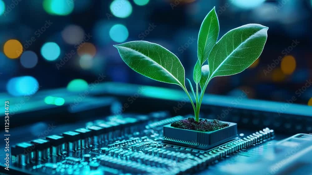Poster a plant emerges from a circuit board, symbolizing the blend of nature and technology in a digital se