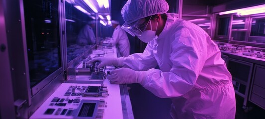 Technician in Cleanroom Assembling Microchips