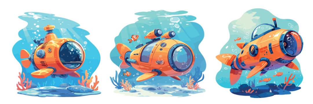 bathyscaphe cartoon. orange submarine, underwater sea ocean expedition adventure exploration childrens fiction vector illustration