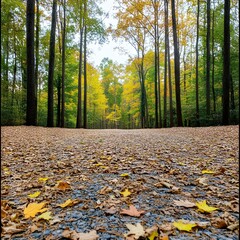 Obraz premium Autumn Path: A picturesque path through a vibrant autumn forest, strewn with fallen leaves, leads toward a canopy of golden foliage. The golden light filters through the trees.