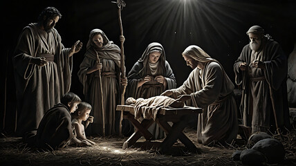 Nativity scene depicting the birth of Jesus Christ with Mary, Joseph, and shepherds.