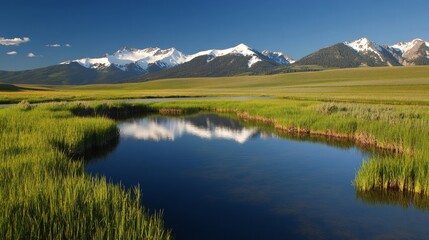 Naklejka premium A serene landscape featuring mountain, a reflective pond, and lush green fields under a clear blue sky.