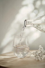 Minimalist Scene with Water Pouring from Carafe into Glass