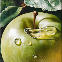still life of apple with water or dew drop - old world oil painting of granny smith apple, fruit - classic painter style