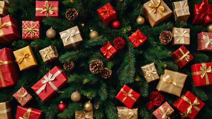 Overhead view of many Christmas gifts on a tree.