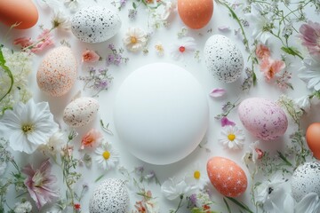 Obraz premium Colorful eggs surrounded by delicate flowers create a tranquil spring atmosphere in a vibrant celebration of nature’s beauty and renewal