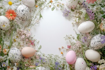 Fototapeta premium Spring celebration comes alive with a colorful array of decorative eggs nestled among fresh flowers, creating a vibrant and festive atmosphere