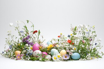 Obraz premium Colorful springtime display of decorated eggs nestled among blooming flowers showcasing nature\'s beauty on a bright backdrop
