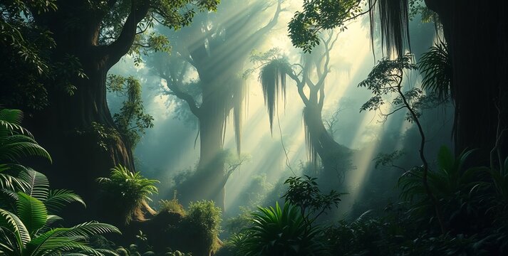 Sunbeams in the Jungle: Mystical rainforest landscape with sun rays piercing through the dense canopy, illuminating ancient trees and lush vegetation. A serene and enchanting scene. 